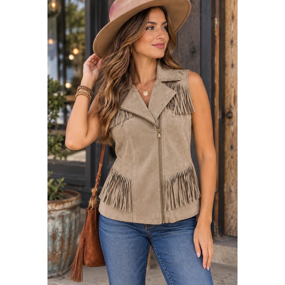 Chico's Faux Suede Fringe Vest Moto Zip Tan Size 2 Large 12 Fall Western Country - Picture 13 of 14